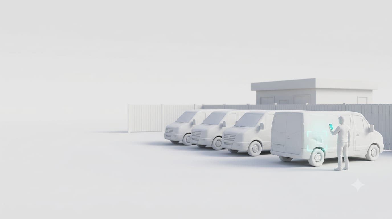 Clay scene: a depot with delivery vans in a row, a driver documenting a dent with a smartphone, turquoise scan frame