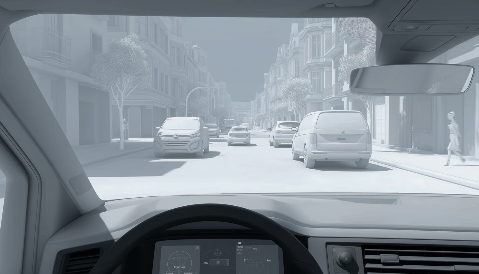 View through the windscreen in city traffic
